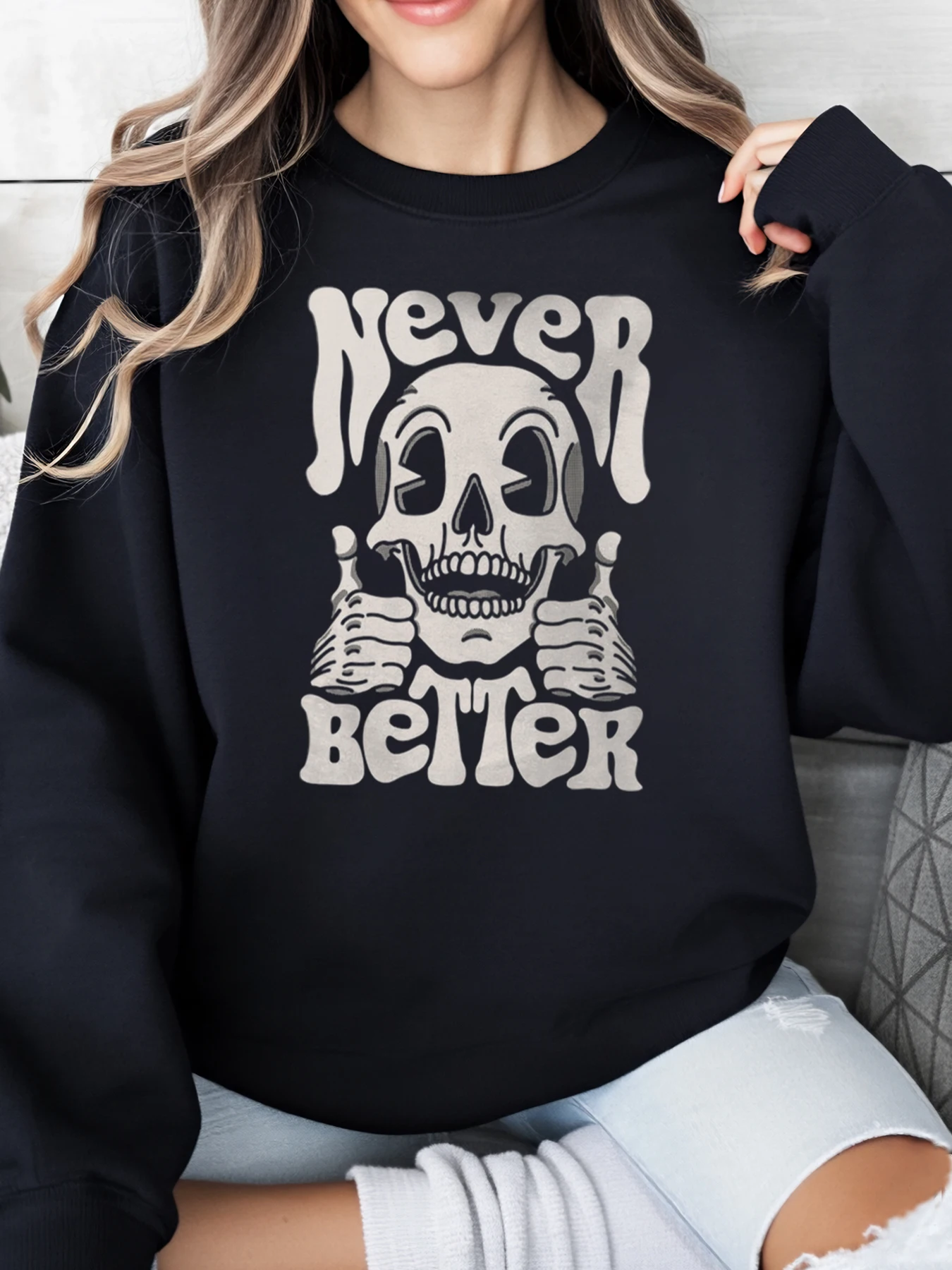 

Толстовка с принтом «Череп вверх никогда не лучше» на Хэллоуин, женская повседневная одежда, наряд для вечеринки, черный, больших размеров