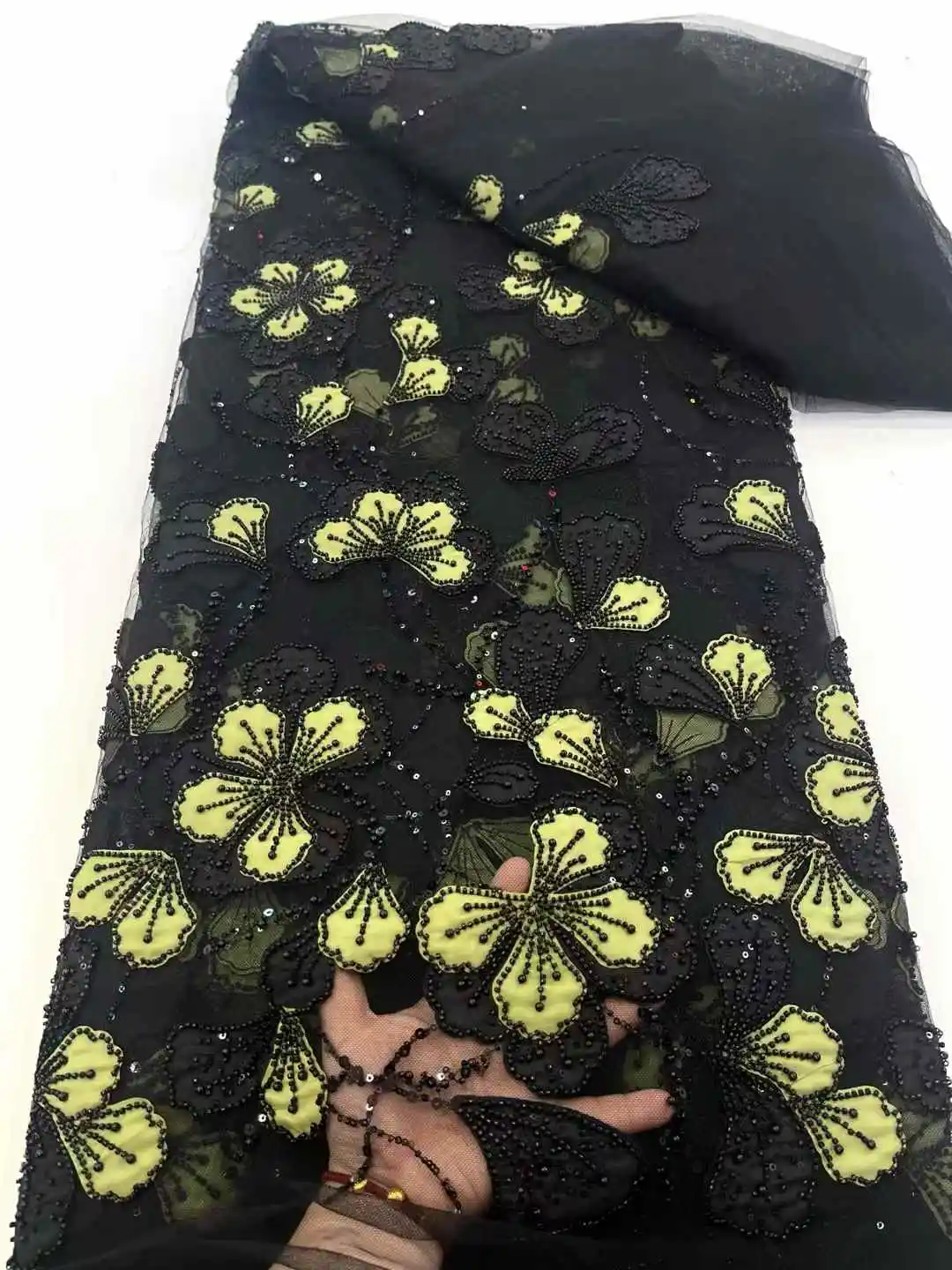 2025 New African French Nigerian High End Lace Fabric With Beads Sequins Mesh for Embroidery Wedding Party Bride Sewing Dress