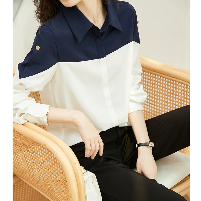 Contrast Simplicity Office Lady Blouse Spring New Long Sleeve Polo Neck Loose Patchwork Shirt Tops Elegant Fashion Women Clothes