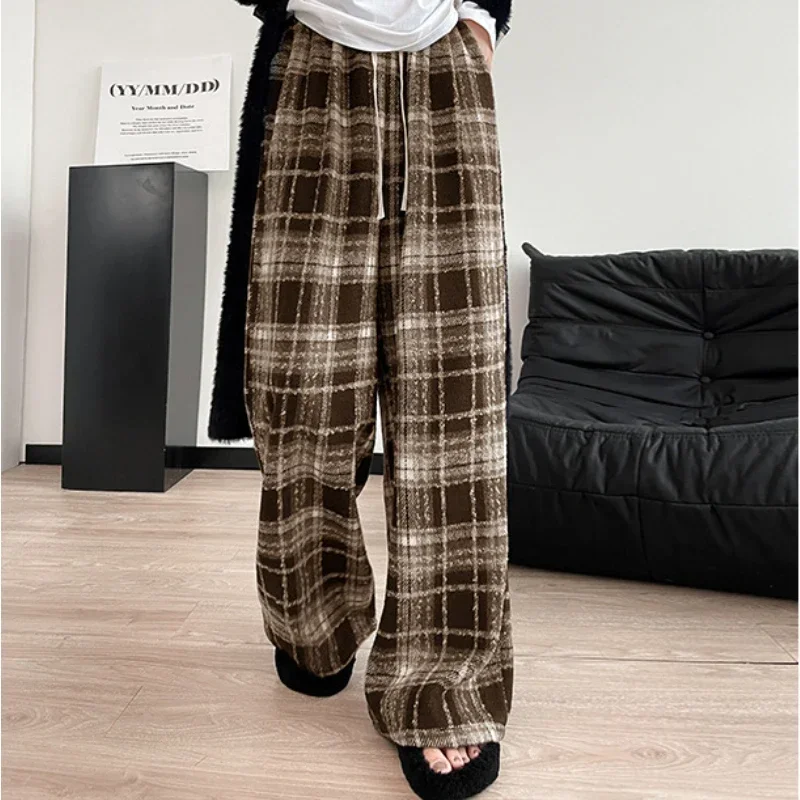 

Plaid Fashion Casual Pants Women's Sports Pants Elastic Waist Straight Loose Wide Leg Pants