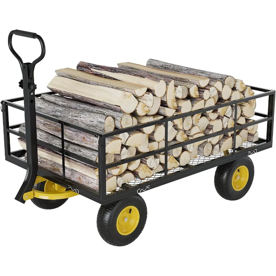Outdoor garden cart: heavy-duty steel, black, 1200 lbs capacity, 13-inch all-terrain tires, removable mesh side panels, 180 rot