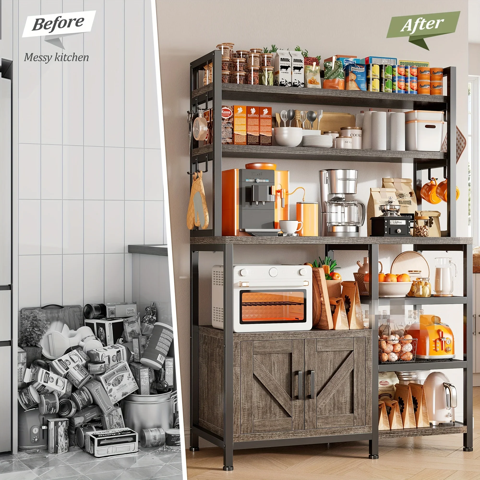 6-Tier Bakers Racks For Kitchens With Storage, Microwave Stand With Storage Cabinet, Farmhouse Coffee Bar With Large