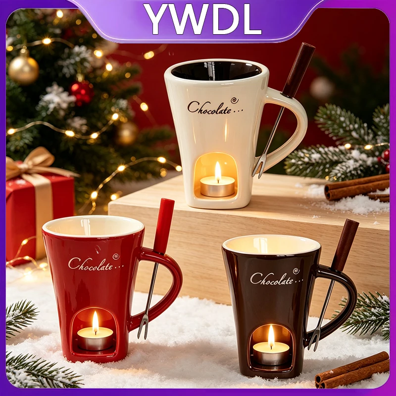 `Ceramic Chocolate Fondue Pot 130ml Candle Heating Melting Cup Mini Cheese Butter Hot Pot Cup with Stainless Steel Fork for Home