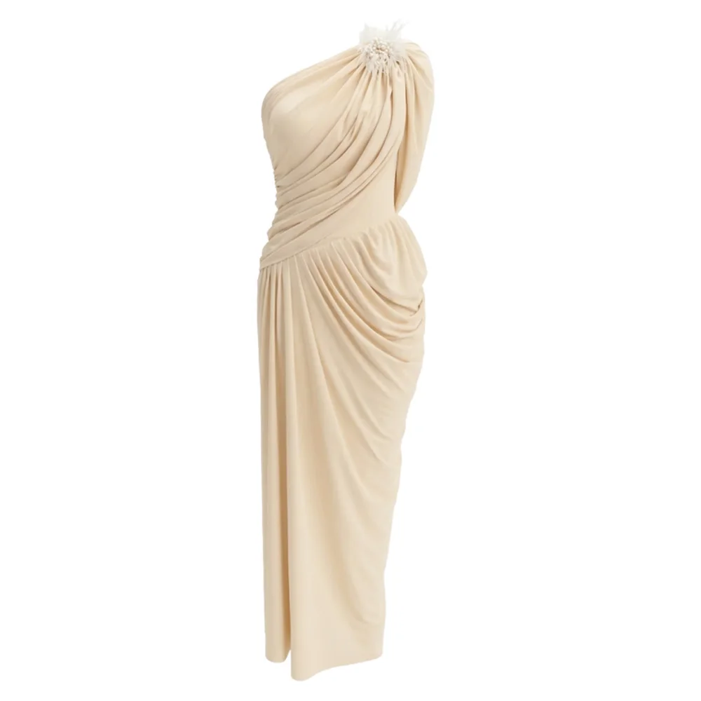 Custom Beige One Shoulder Prom Dress Multilayer Pleats Satin Vestidos De Noche Floor-Length Formal Evening Dresses 2026