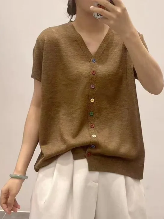 

Summer New Breathable Knitted Open Cardigan plus Size Women's Casual Short Sleeve V-Neck Button up Top Versatile Shirt
