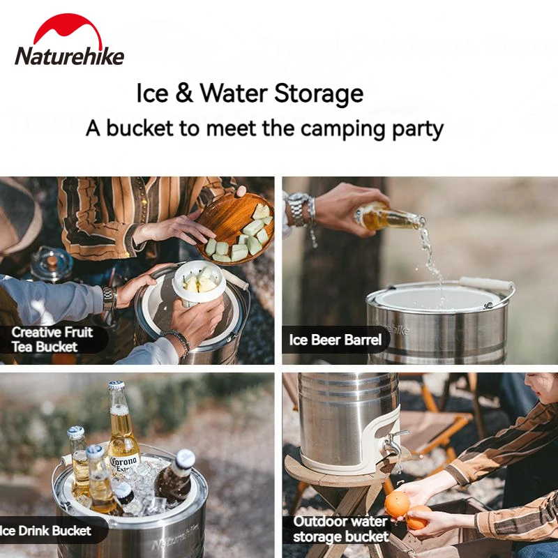 Naturehike Outdoor Camping Retro Ice Box 10L 304 Stainless Steel Insulation Drink Storage Bucket Beach Portable Rrefrigerator