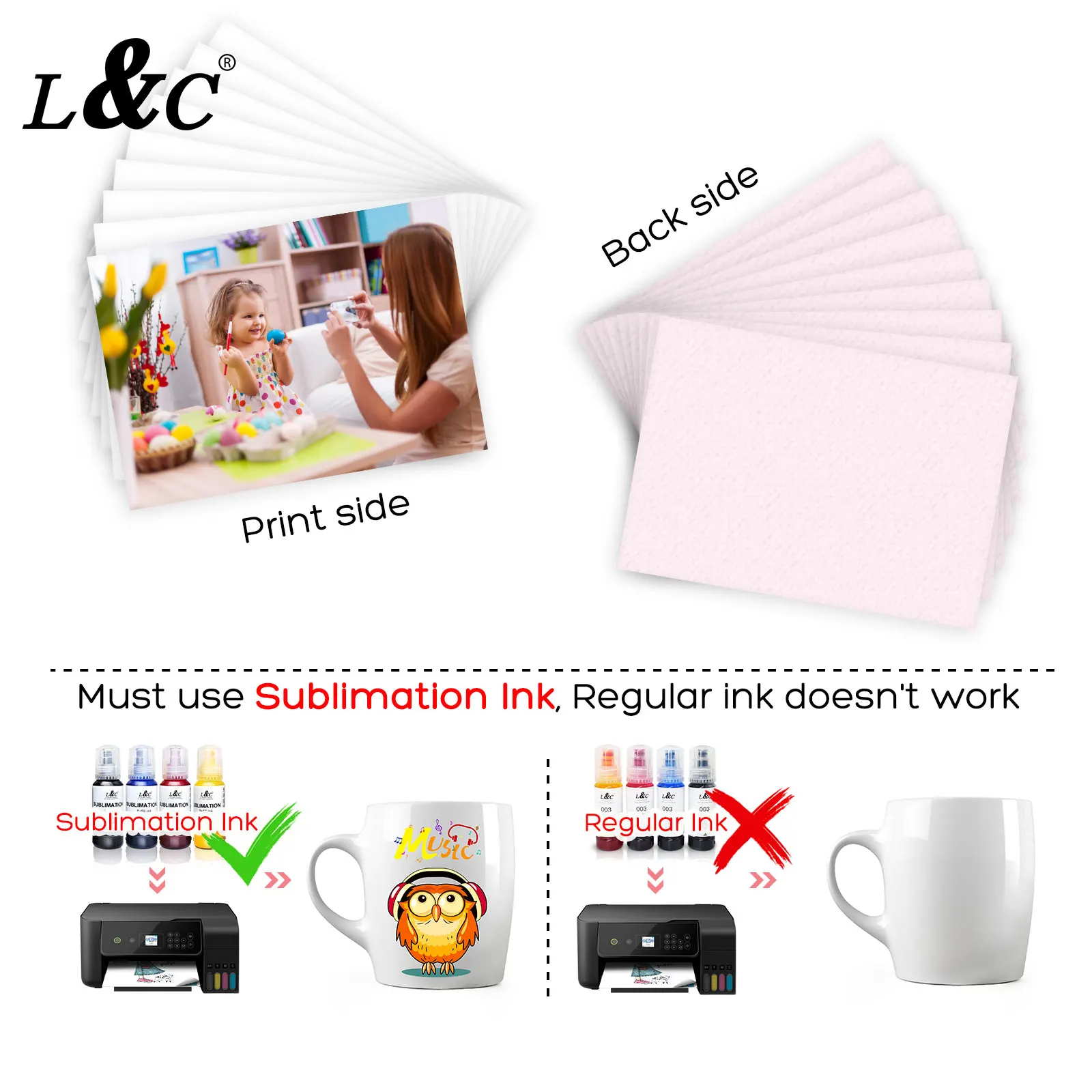 L&C Sublimation Paper 100gsm A4 Size 100 Sheets Heat Transfer Paper for Any Epson HP Canon Sawgrass Inkjet Printer