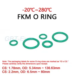 FKM Green Fluorine Rubber O Ring CS 1.78/2.2mm OD 5.34~136.63mm O-Ring Sealing Gasket Washer Oil Resistant Acid&Alkali Resistant