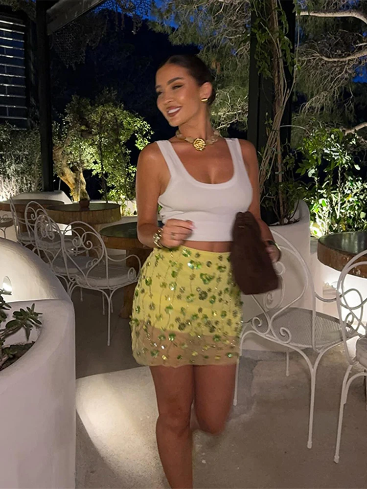 

Bead Mesh Short Skirt Green Sequin floral High Waist Slimming Sexy Shiny Fashion Women Mini Wrap Hip Skirts Socialite Party Gown