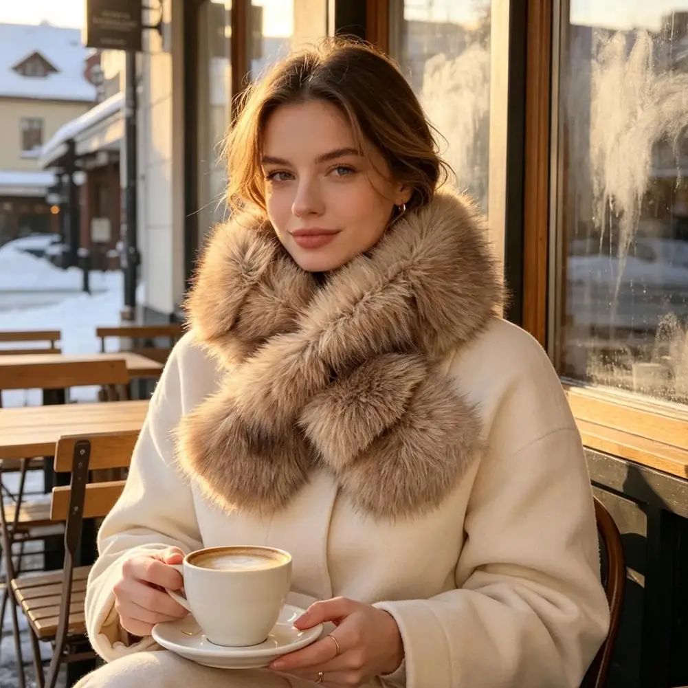 Faux Mink Wrap Scarf for Women, Double-Sided Plush Neck Warmer Thick Winter Fur Collar, Luxury Soft Wrap for Autumn