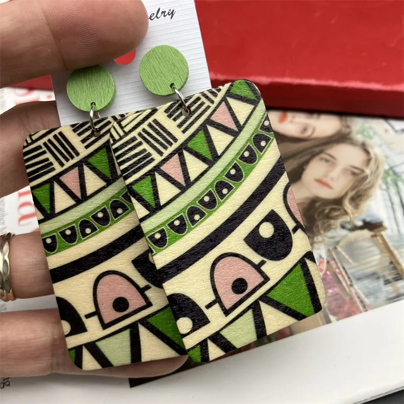 Bohemian Vintage Big Square Wooden Earrings for Women Ethnic Long Painting Pattern Personality Earring Vacation Bijoux Boho Gift