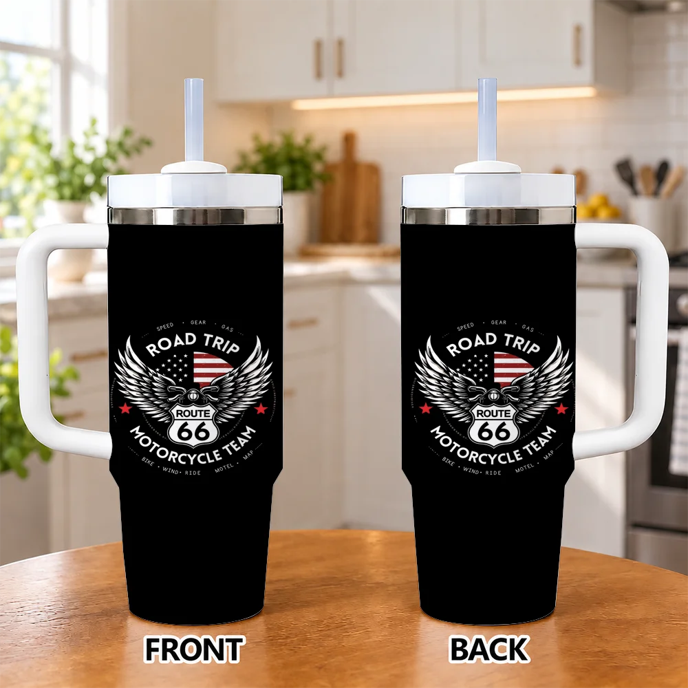 U.S. Route 66 Vacuum Flasks 40oz Insulated Stainless Steel Tumbler with Handle & Straw, Hot Cold Gift Cup