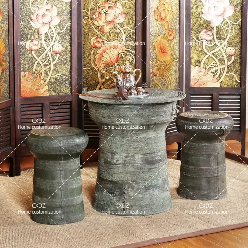 Clearance Bronze Balcony Tea Table and Chair Set Thai Antique Style Living Room Round Small Coffee Table Furniture