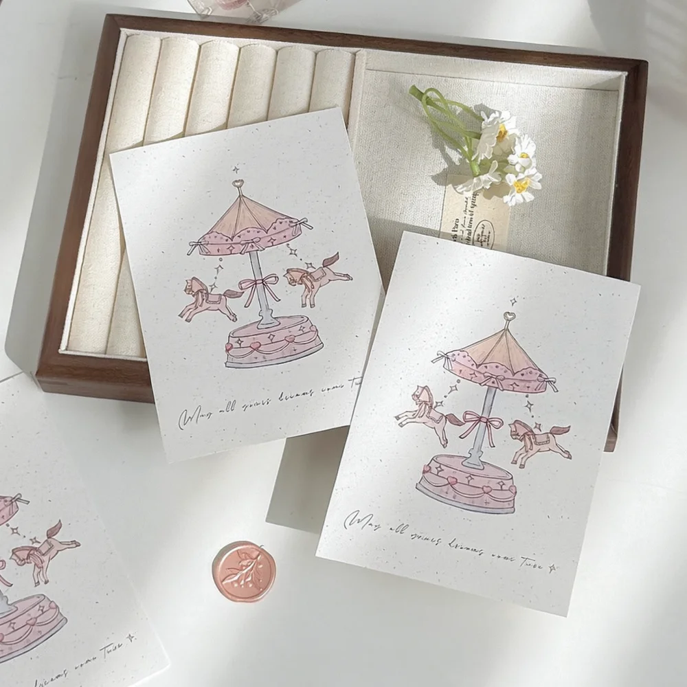 Elegant Carousel Pattern Gift Card Pastel Pink Note Paper For Personalized Message Holiday Celebration Souvenir