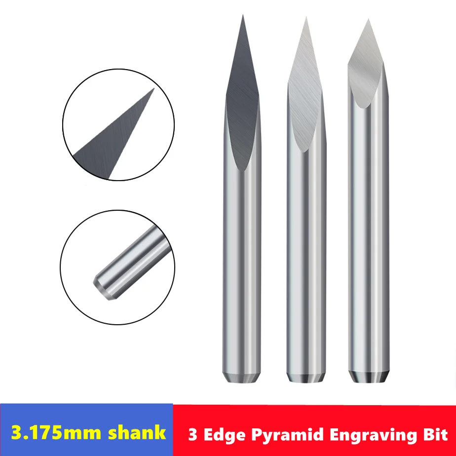 10pcs Milling Cutter 3 Edge Pyramid Engraving Bit 3.175mm（1/8） Shank 20/30/40/45/60/90 Degrees CNC Router Bit Wood Milling Tool