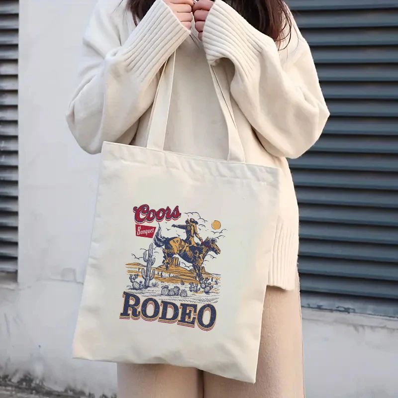 Rodeo Causal Canvas Tote Bag Shopper Organizer Storage Clutch Travel Necessity Stylish Books Bags Cowboy Trendy Handbags