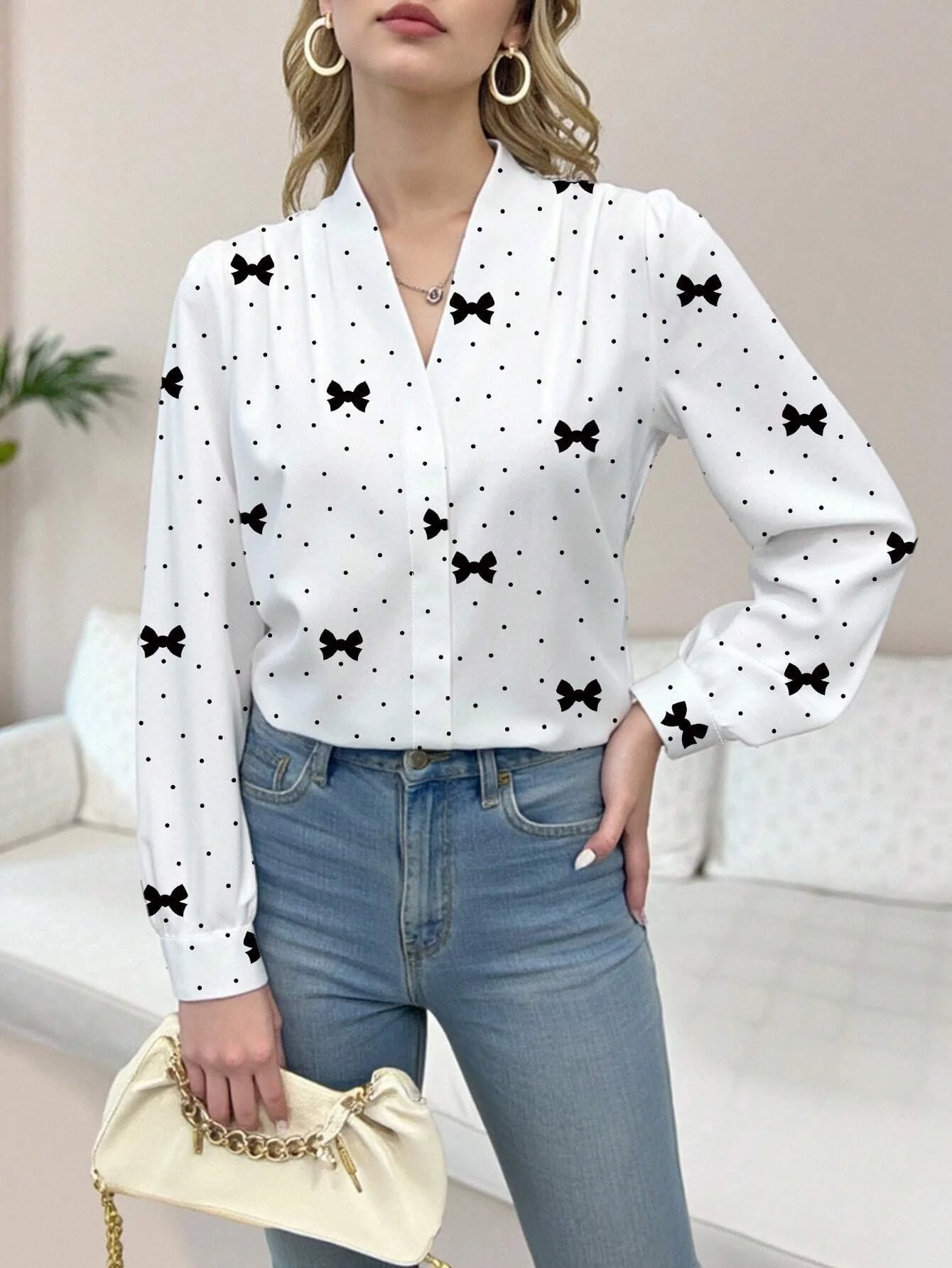 Camicia casual da donna con scollo a V a maniche lunghe stampata con fiocco a pois primaverili e autunnali