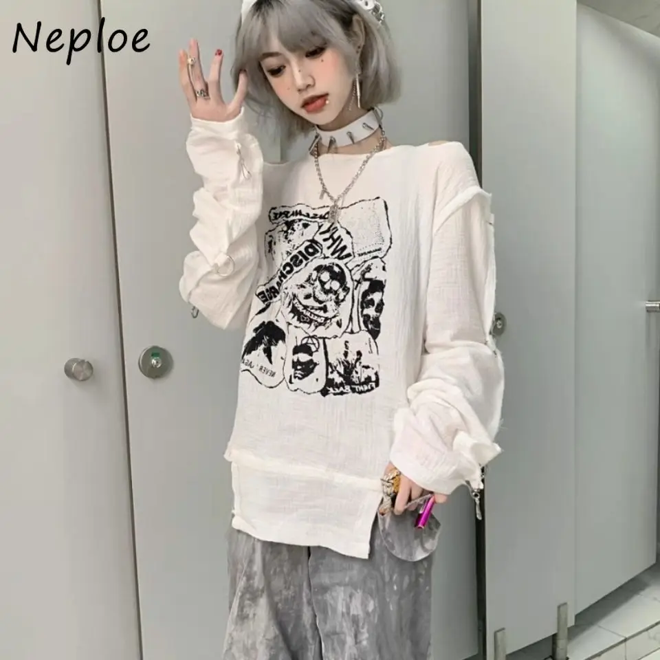 

Neploe Loose Soft Office Lady Simple Ropa Mujer Off Shoulder Hip Hop Personalized Streetwear T-shirt Harajuku Fairycore Shirts