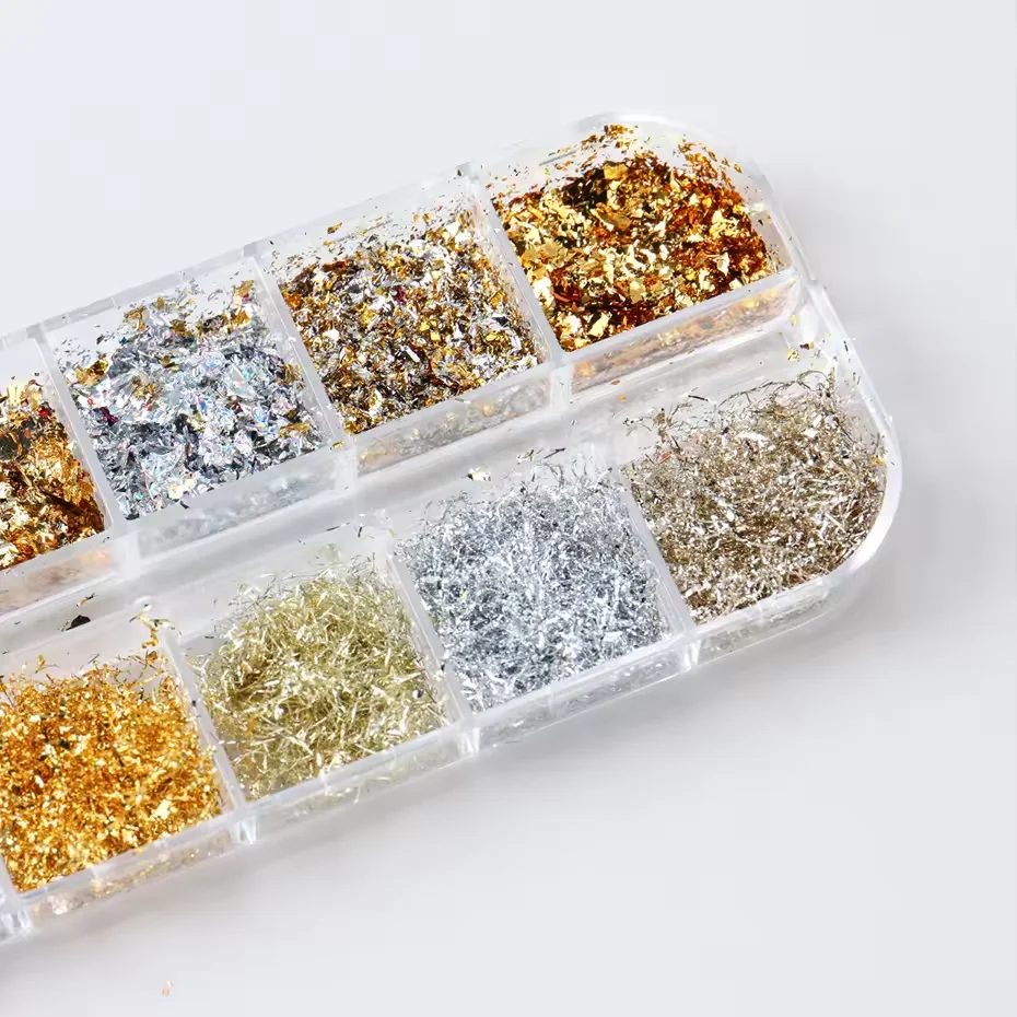 12 Couleurs de Paillettes Dorées Magnifiques pour Ongles, Flocons d'Aluminium Aléatoires, Paillettes Scintillantes pour la Décoration des Ongles