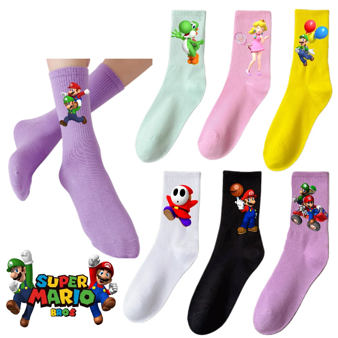 Super Mario Cartoon Cotton Socks Unisex Breathable Sports Socks Peripherals Solid Color Men Women Casual Mid-tube Stocks