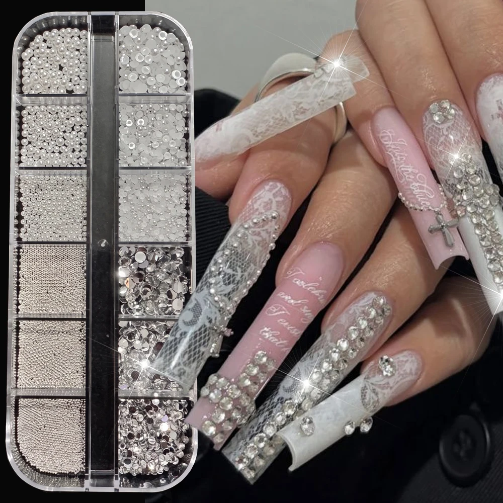 12Grids Mixed Mini Nail Pearl Rhinestone Kit 3D Luxury Silver Caviar Micro Beads&Clear Gems&Pearl Nail Charms DIY Jewelry Parts