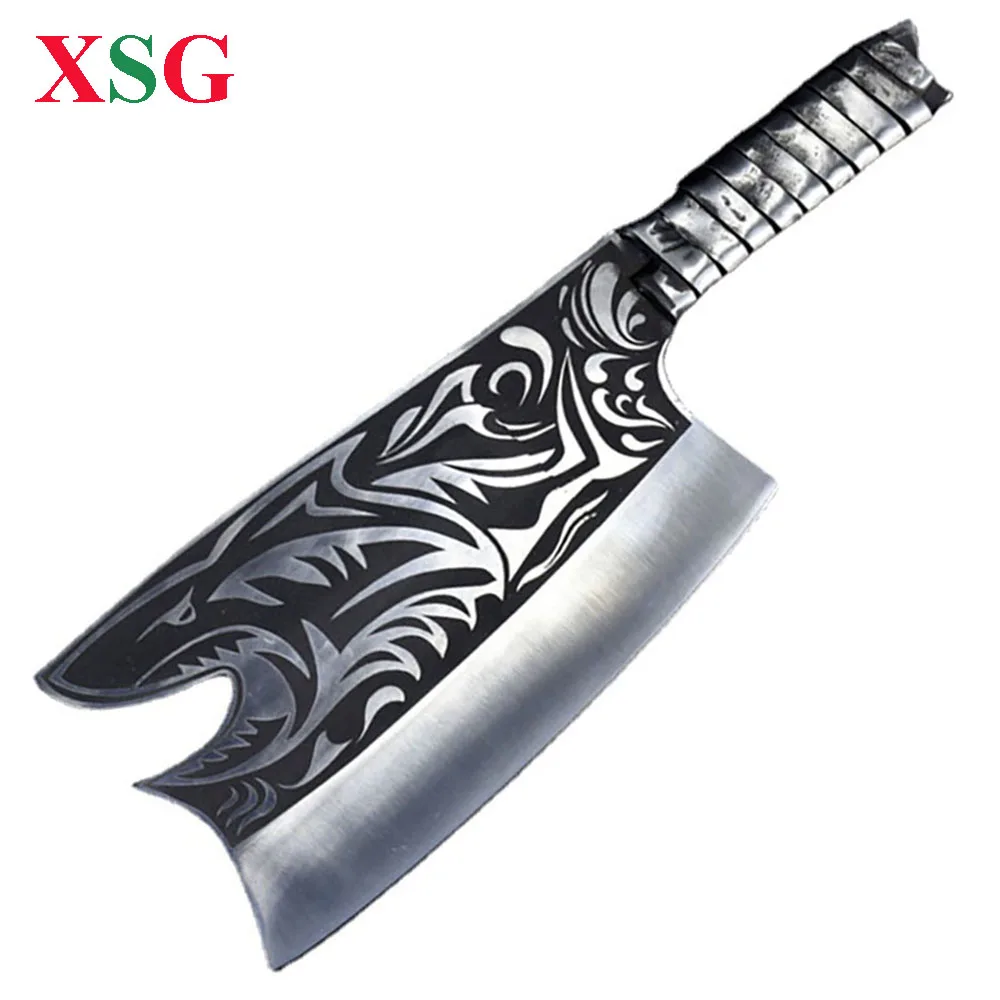 XSG Bone Chopper Big Machete Longquan Chop Knife Hand Forged Beautiful Saw Shark Patterns Steel Handle Heavy Kitchen Knives