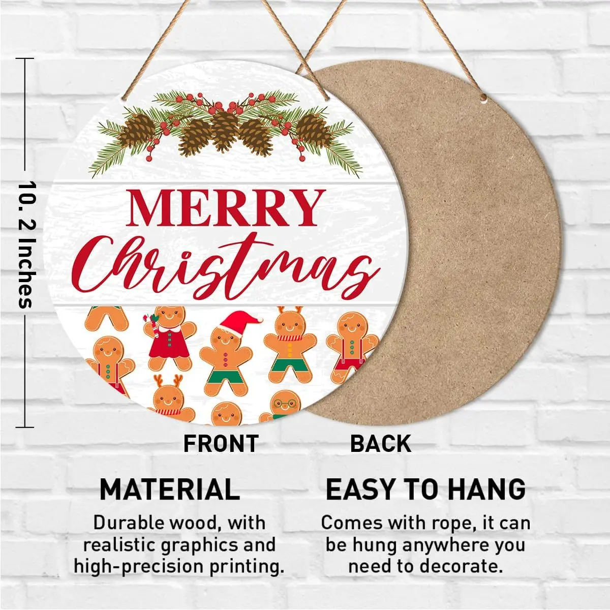 Merry Christmas Sign Front Door Decor, Christmas Round Hanging Sign Decor Gingerbread Mistletoe Xmas Holiday Wall Decorations