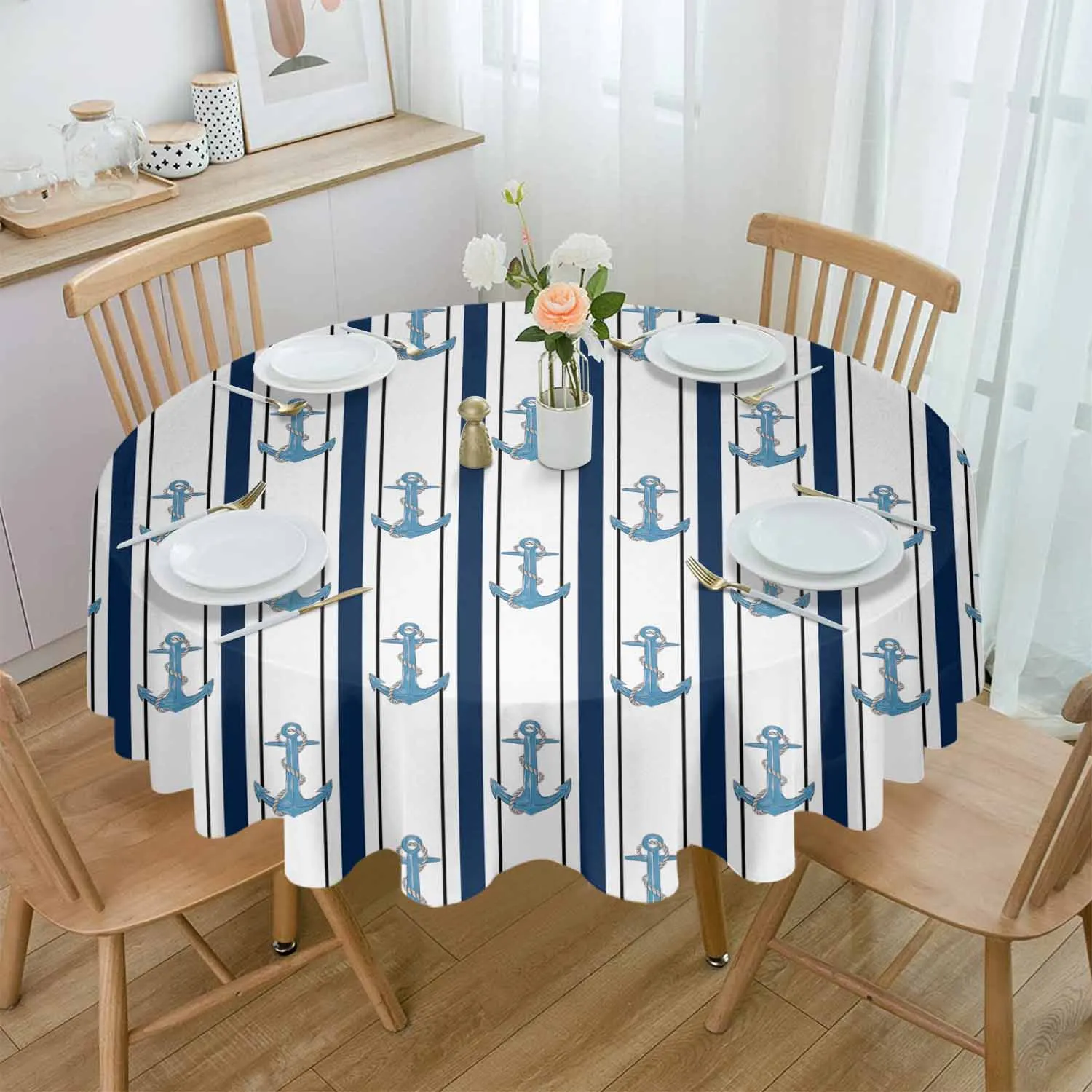 

Anchor Stripe Blue White Round Table Cloth Festival Dining Tablecloth Waterproof Table Cover for Wedding Party Decor