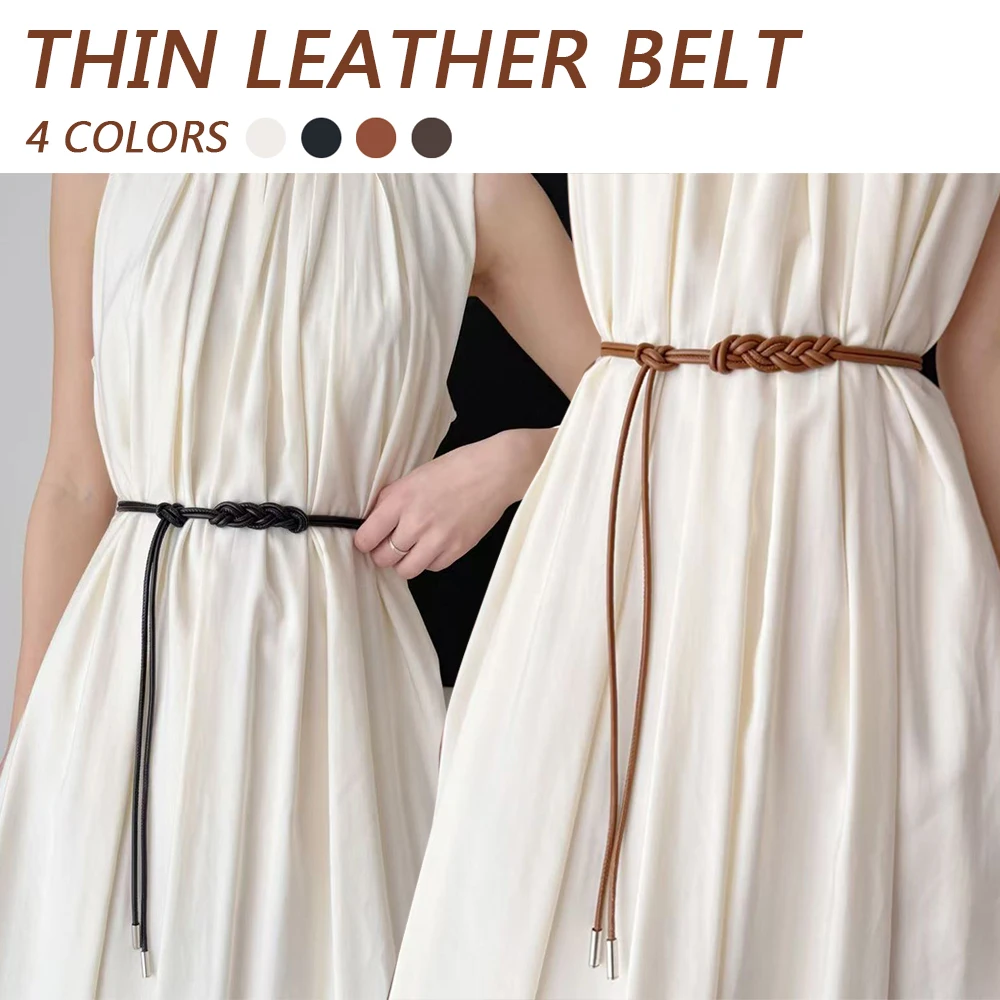 New Braided Leather Thin Belt Metal head Knotted Long Dress String Waistband PU leather Decorative Coat Belt Waist strap