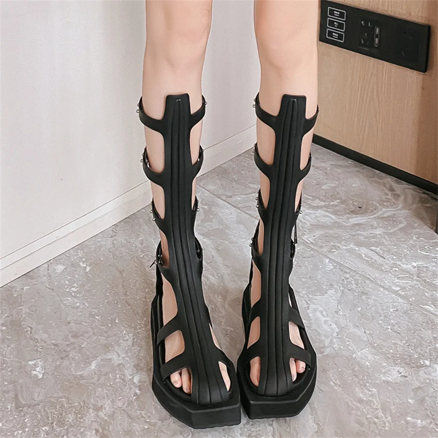 2024 New Summer Women Gladiator Sandals Hollow Out Summer Knee High Boots Straps Thick Sole Platform Shoes Closed Toe Sandalias