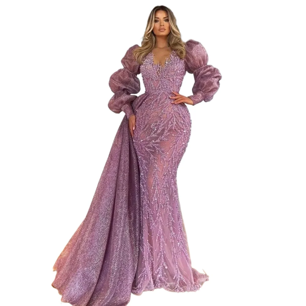 Purple Sparkling Prom Dress Long Sleeves Satin Lace Sequins Mermaid Evening Dresses Custom Made Gown