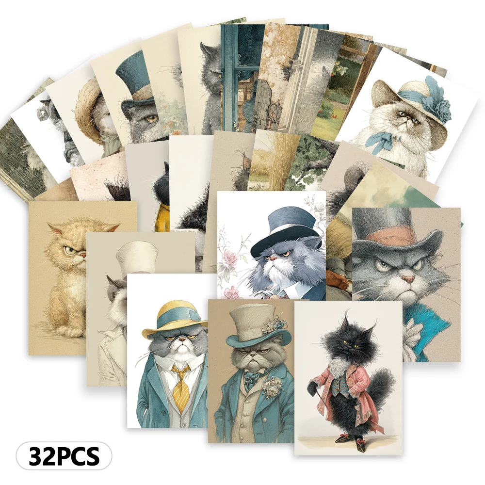 Cartes postales Vintage Gentleman Cat, cadeau du nouvel an, cartes de noël mignonnes, décoration de salon, décoration de chambre à coucher, haute qualité, 32 pièces