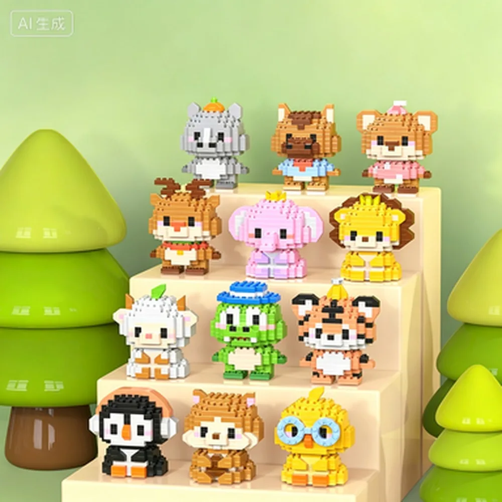 Cute Animal Figurine Micro Building Blocks DIY Assembly Model Tiger Lion Frog Elephant Penguin Duck Desktop Ornament Stress Fun