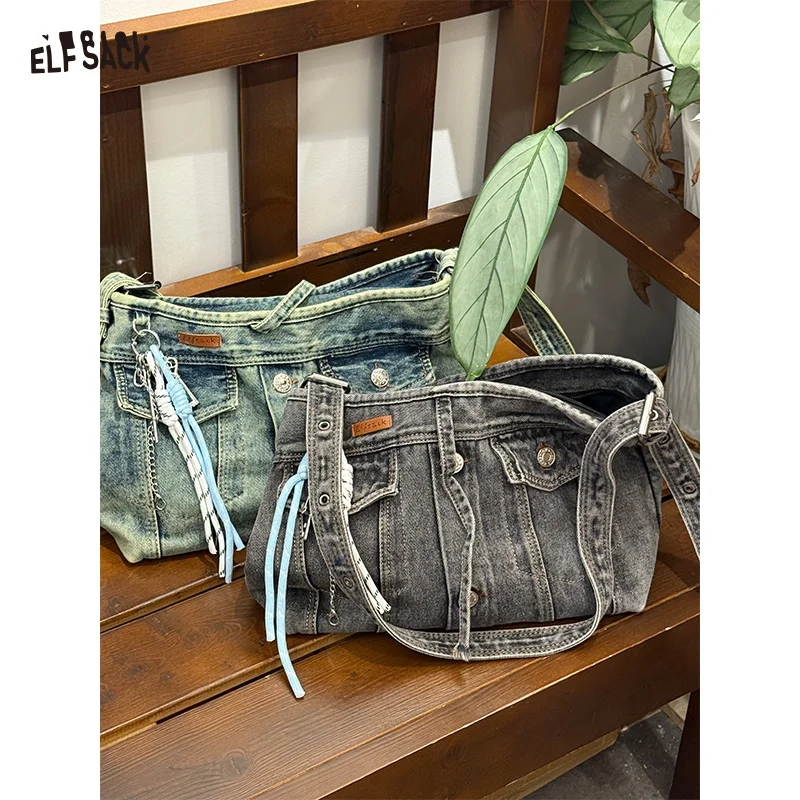 

ELFSACK 2025 Autumn New Arrival Y2K Grunge Style Woven Detail Denim Tote Bag Canvas Shoulder Bag For Woman