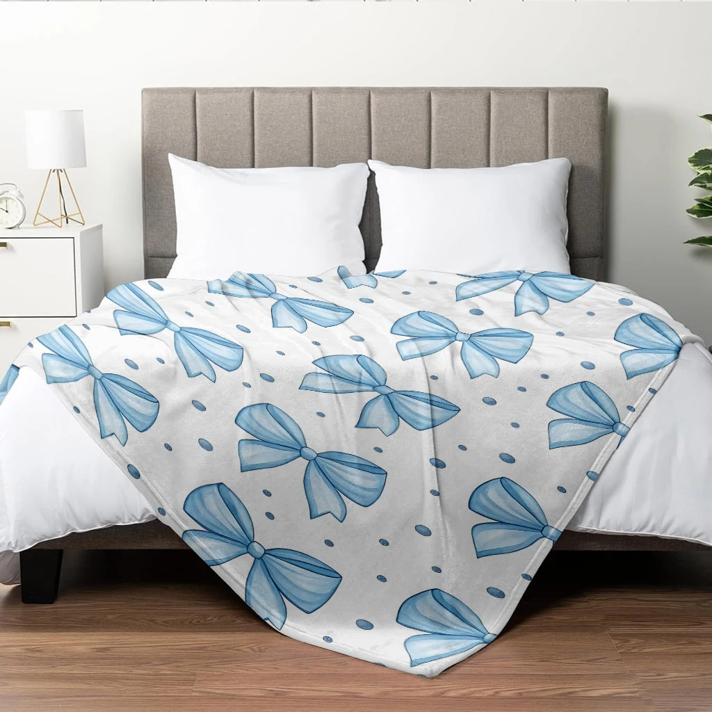 Cartoon Light Blue Bow Polka Dot Repeat Plain White Background Flannel Throw Blanket, Warm Cozy Blanket, Cute Decor Gift For