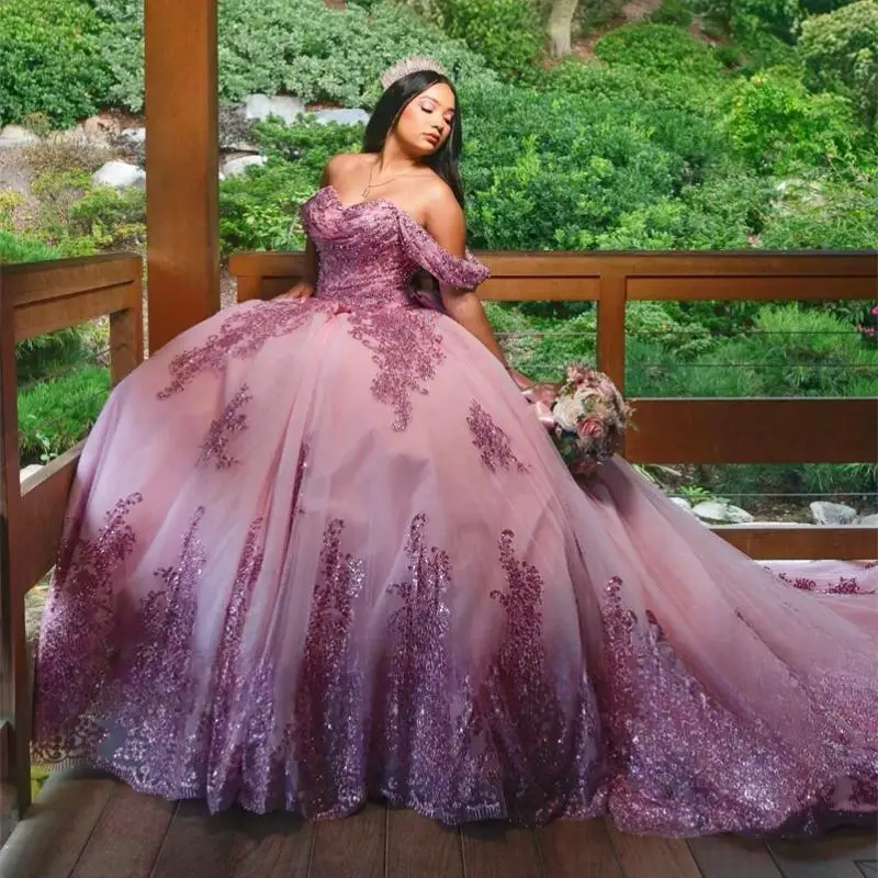 

Customized Pink Off Shoulder Quinceanera Dresses Ball Gown Sequined Bow Birthday Luxury Dress Pleats Bow Princess Gown