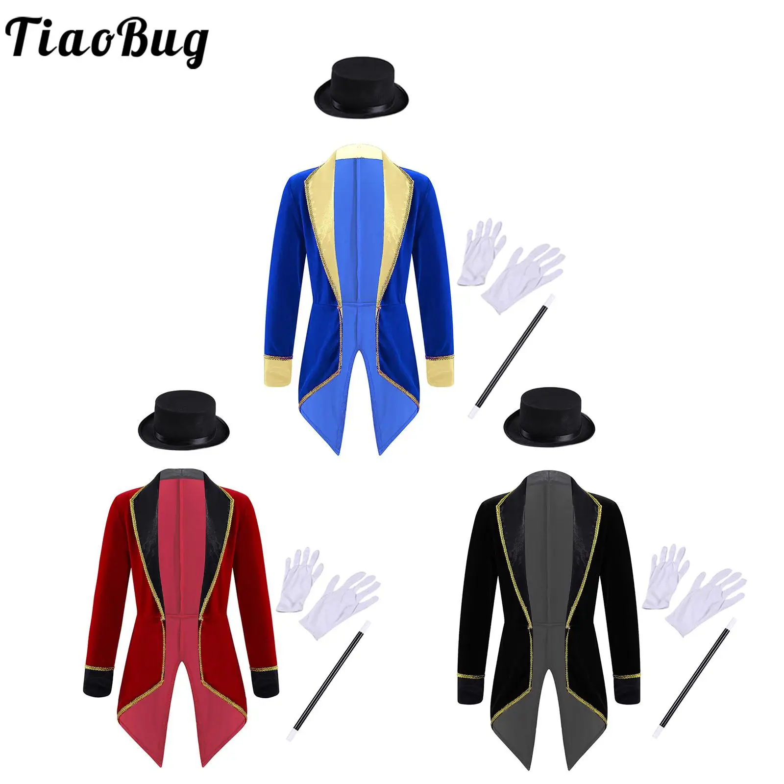 

Boys Girls Magician Tailcoat Costume Circus Ringmaster Tuxedo Jacket Long Sleeve Coat Set Christmas Carnival Party Fancy Outfit
