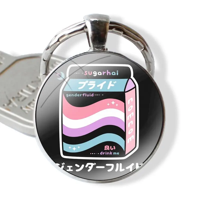 Keychain Handmade Glass Cabochon Key Ring Holder Pendant Key Chains Genderfluid Pride Milk