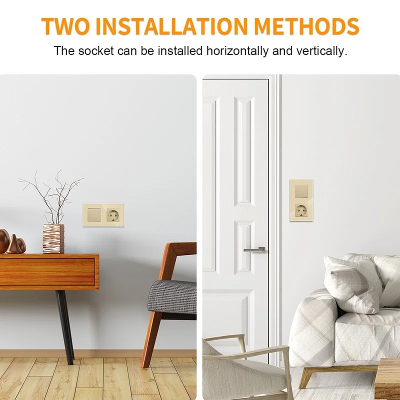 DAJIMEI 1/2/3gang Button light switch and EU Standard sockets Electrical outlet with Crystal Glass Panel for Home