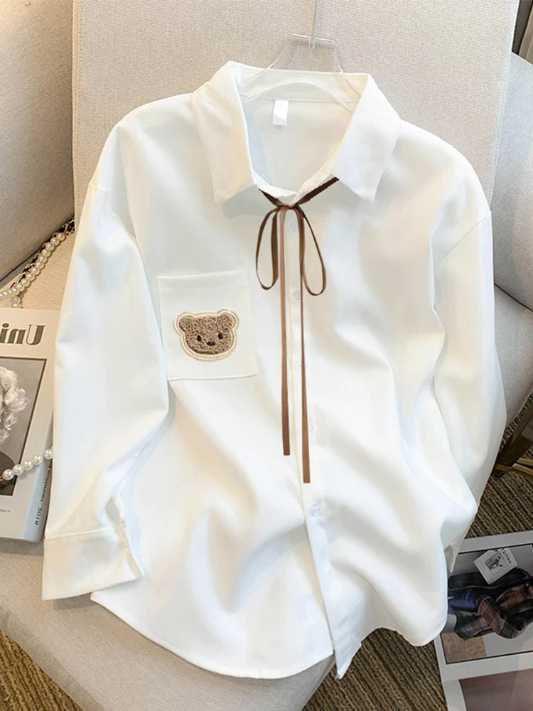 Preppy Style Long Sleeved Women Shirts 2025 New Spring Summer Bowknot Removable Bear Chic White Blouses