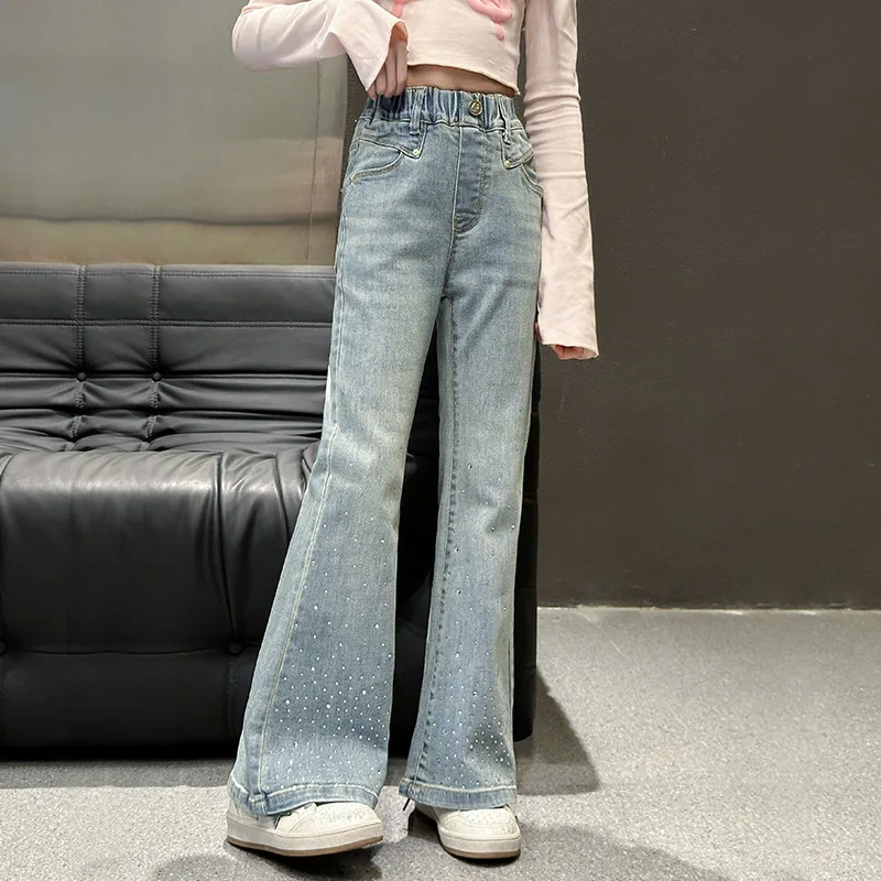 New Girls Flare Sequin Design Jeans for Kids Spring Autumn Teenage High Elasticity Bell-bottom Trousers Skinny Denim Pants