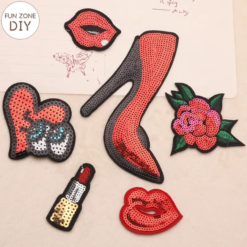 FZdiy Red Lips Flower Lipstick High Heels Sequined Applique Clothing Sewing Supplies Decorative Sequin Patches for Clothing