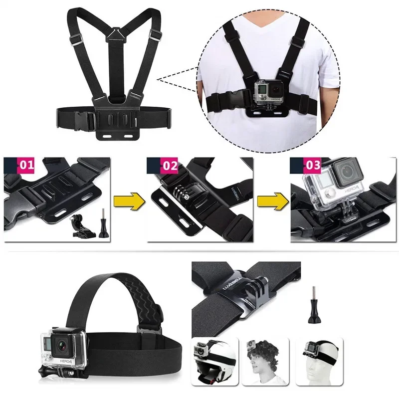 Action Camera Acessórios Kit para Gopro Hero, Head Strap, Wrist Strap, Mount Selfie Stick, Tripé para SJCAM