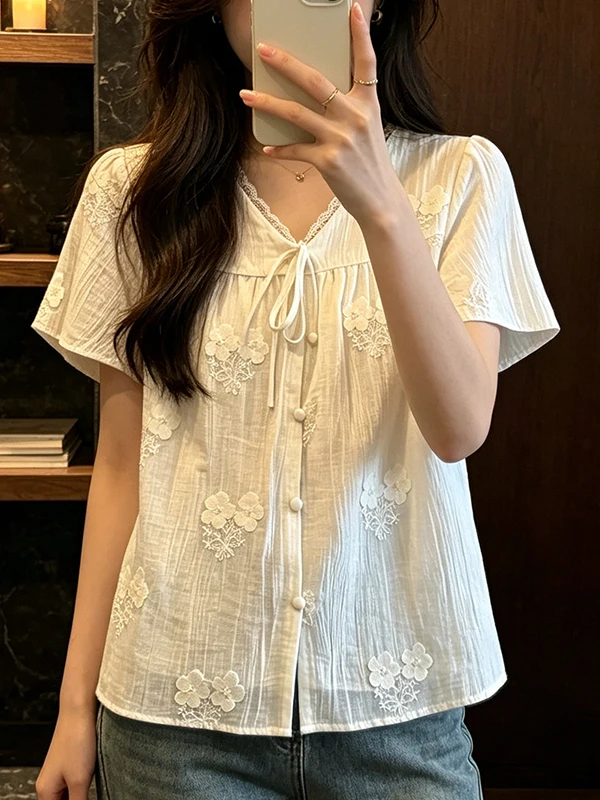 

Summer New Sweet Soft Style Women's Lace Shirt Short Sleeve V-neck Embroidery Top Breathable Comfortable Korean Loose Fit