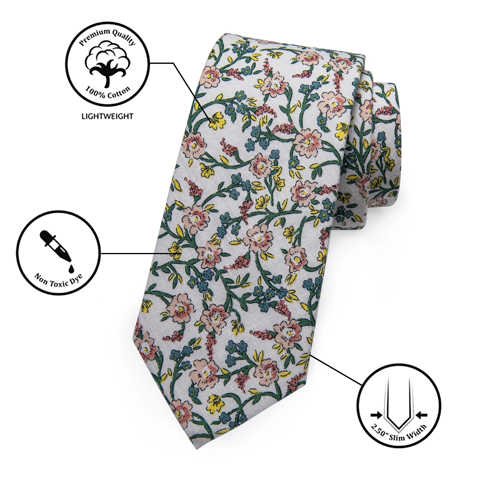 Corbata Floral blanca delgada para hombre, corbata de 6,35 cm con estampado de rosa, amarillo y azul para fiesta de boda, corbatas cuadradas de bolsillo para hombre