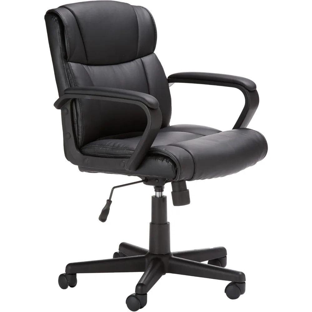 Basic office computer chair with padded armrests, mid-back design, adjustable backrest, casters, black.