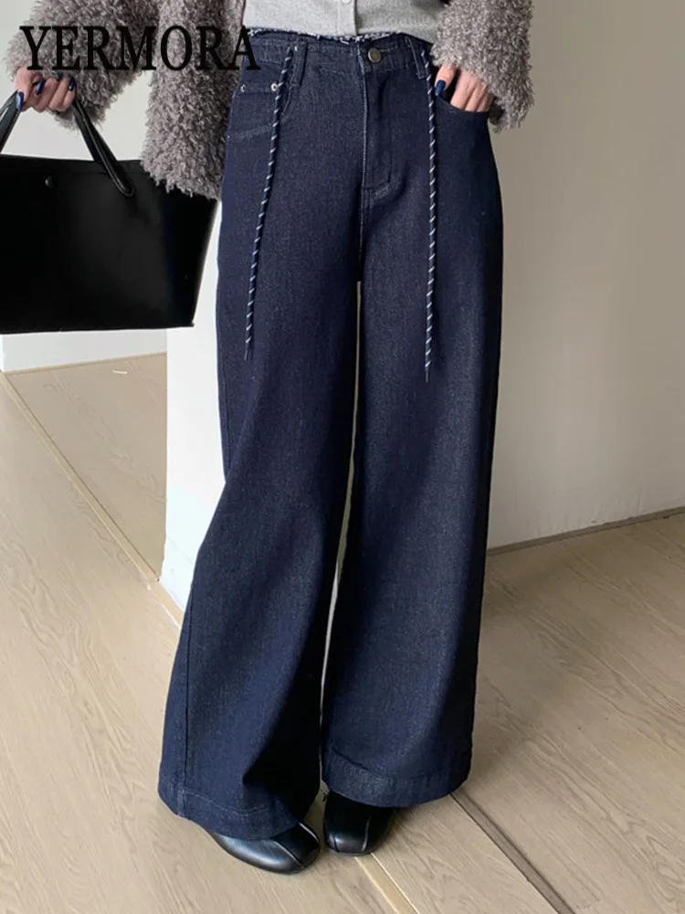 

YERMORA синие повседневные джинсы с высокой талией и карманами на шнурке для женщин, новые свободные джинсовые брюки, модные весенне-осенние 2025