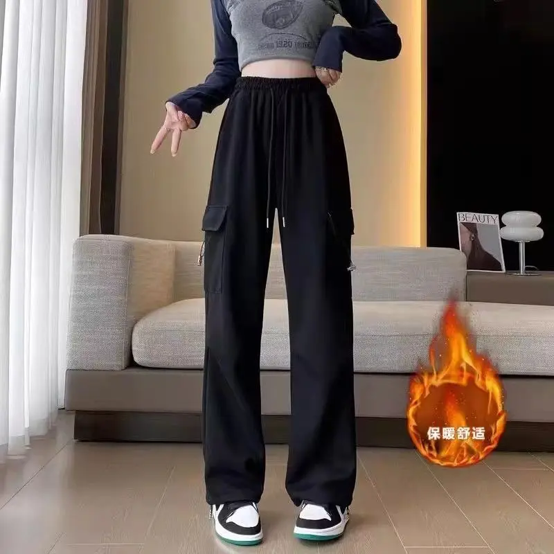 

Корейские универсальные широкие комбинезоны для женщин, бархатные и утолщенные осенне-зимние новые повседневные прямые спортивные брюки с высокой талией