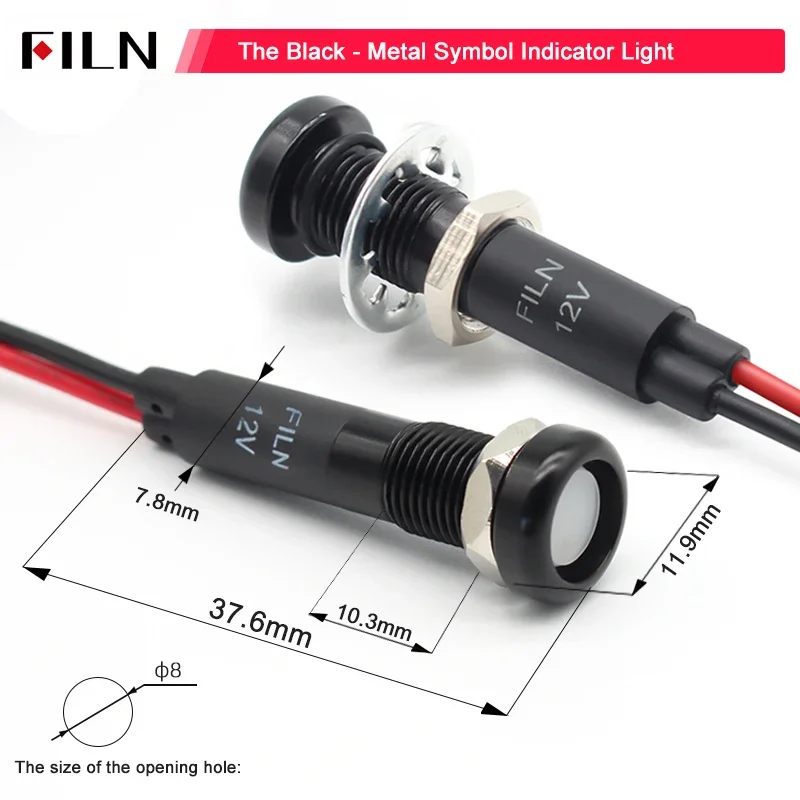 8mm 12V-24V LED Car Boat LED Warning Dashboard Signal Lights Instrument Pilot light  Metal Shell Mini Symbol indicator light