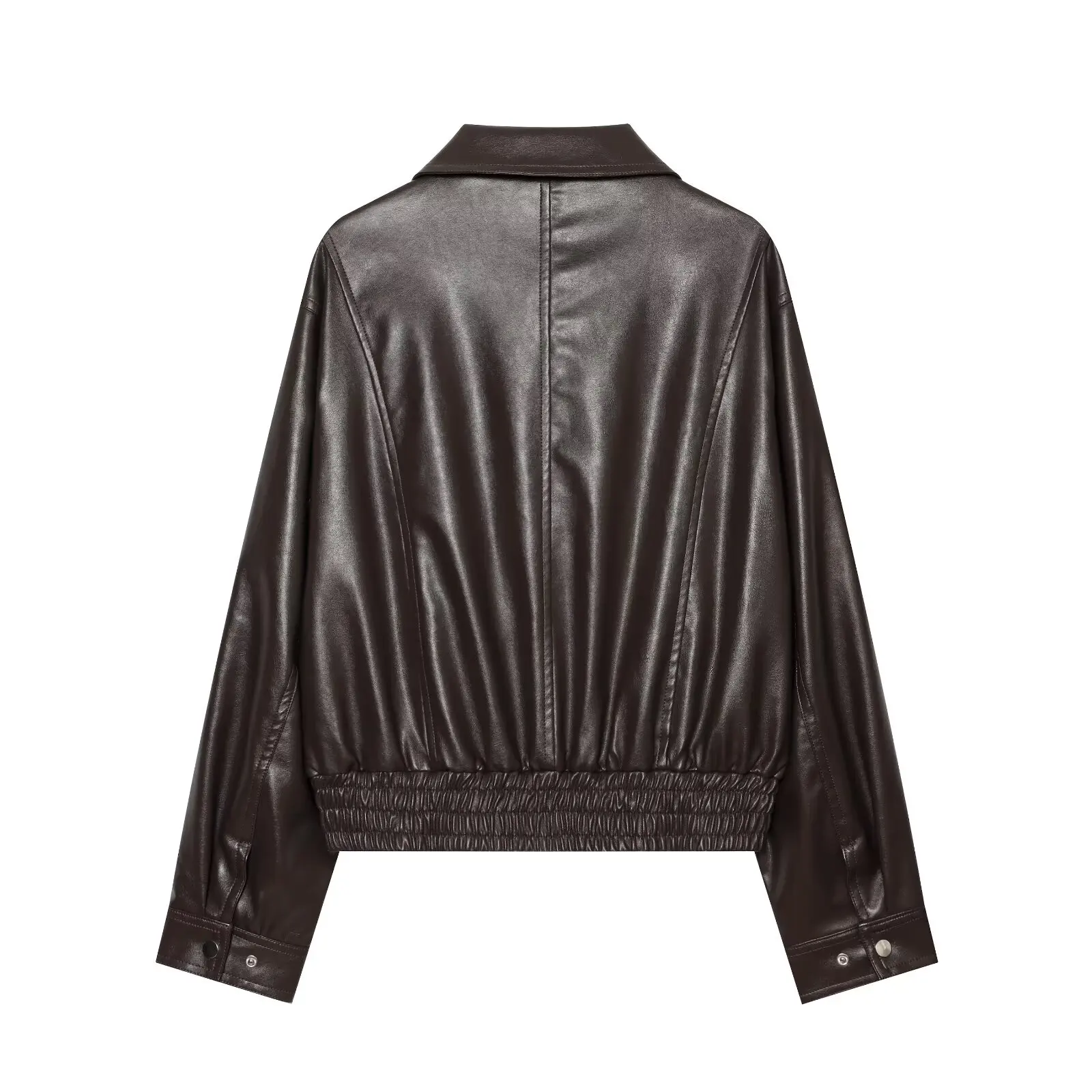 BSAY Autumn Versatile  Women Fashion Lapel Full Zip Faux Leather Jacket Elastic Ruched Hem Long Sleeve Vintage Biker Outerwear